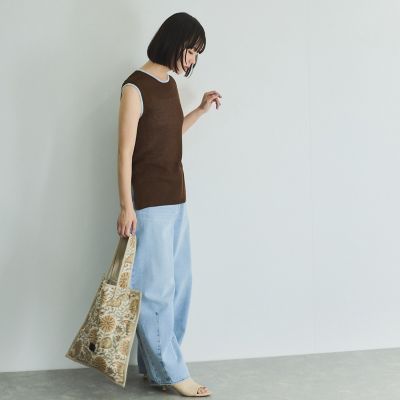麻タッチ配色ニットノースリトップス≪手洗い可能≫