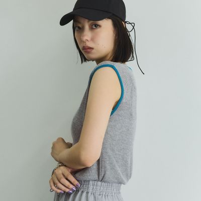 麻タッチ配色ニットノースリトップス≪手洗い可能≫
