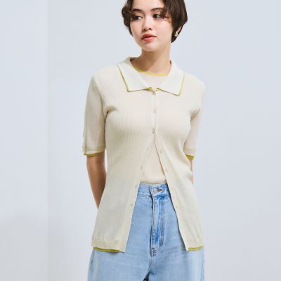 麻調配色ポロニットカーディガン≪手洗い可能≫ | VICKY（Women