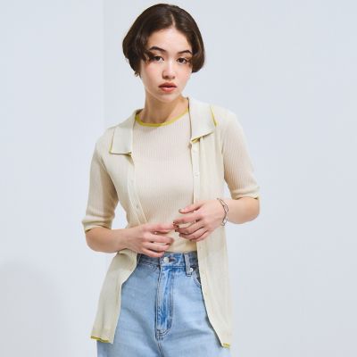 カーディガン 麻タッチ 配色 ポロ サマーニット カーディガン レディース Bonjour Sagan カーディガン 麻タッチコンパクトポロカーデ
