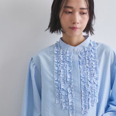 フリルバンドカラーストライプブラウス≪手洗い可能≫