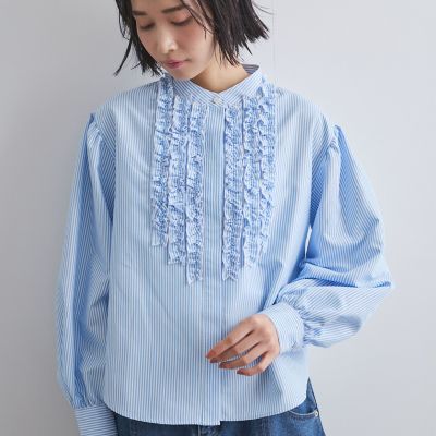 フリルバンドカラーストライプブラウス≪手洗い可能≫