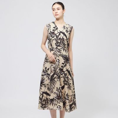 EPOCA エポカ フレアワンピース 白 38 M ノースリーブ　上品　麻混 ボタニカルプリント ノースリーブワンピース | EPOCA (Women)/エポカ