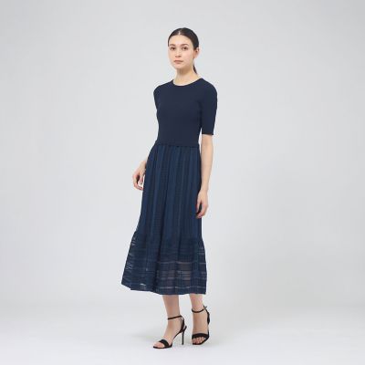 極美品★エポカ シアー格子柄 ロングワンピース 40 L相当 バックボタン 紺 シアーコットンナイロン ニットワンピース | EPOCA (Women)/エポカ