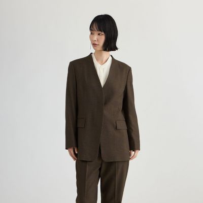 【ちゃおりん】CAST: キャストコロン Vネックノーカラーコート M 手洗い可能】ノーカラーグレンチェックジャケット | CAST：/キャスト