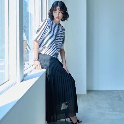 着回し抜群／セットアップ対応】メッシュカラミプリーツスカート