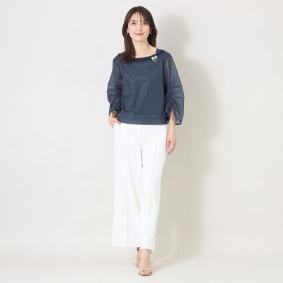 デニムプリント フリルボートネックブラウス | TO BE CHIC (Women