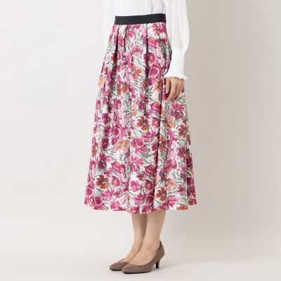 サーモンピンク 、フラワープリント フレアーロングスカート、新品 アートフラワープリント タックフレアスカート | TO BE CHIC (Women