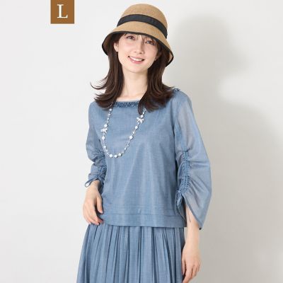 Bonheur~ボヌール様リクエスト　ホイップフリルブラウス　ドットデニム L】デニムプリント フリルボートネックブラウス | TO BE CHIC L