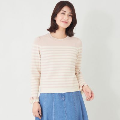 ＜TO BE CHIC L (Women/大きいサイズ)＞【Ｌ】スパンコール　ボーダーニット