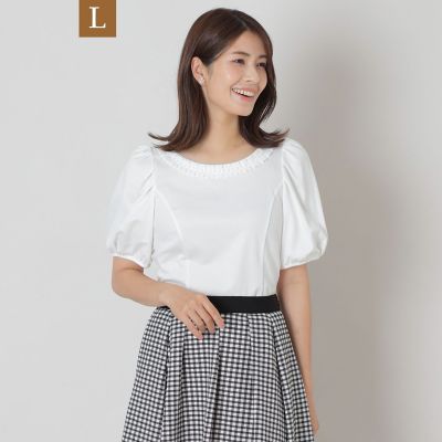 ＜TO BE CHIC L (Women/大きいサイズ)＞【Ｌ】タックリボン＆ビジューネック　カットソー