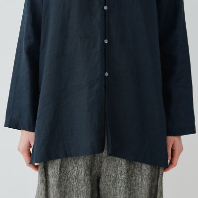 リネンポプリン　サイドスリットカラーレスシャツ