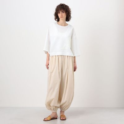 リブコンビフレンチリネンエンブロイダリー クルーネックブラウス