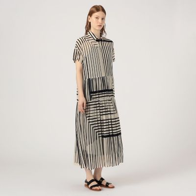 ストライプシルクストレッチ　ギャザーシャツドレス