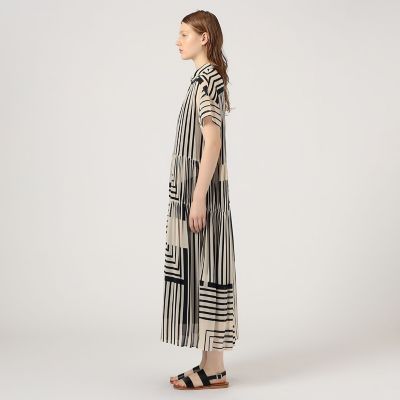 ストライプシルクストレッチ　ギャザーシャツドレス