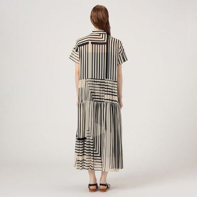 ストライプシルクストレッチ　ギャザーシャツドレス