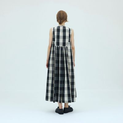 コットンシルクタイプライターチェック スタンドネックギャザー