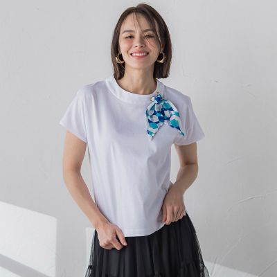 ＜Viaggio Blu (Women)＞ジオメトリックスカーフ付きカットソー≪セットアップ対応／洗濯機で洗える≫