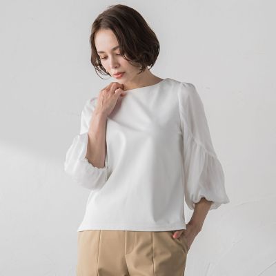【ＷＥＢ限定カラーあり】デザインスリーブブラウスライクプルオーバー≪洗濯機で洗える≫