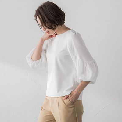 【ＷＥＢ限定カラーあり】デザインスリーブブラウスライクプルオーバー≪洗濯機で洗える≫
