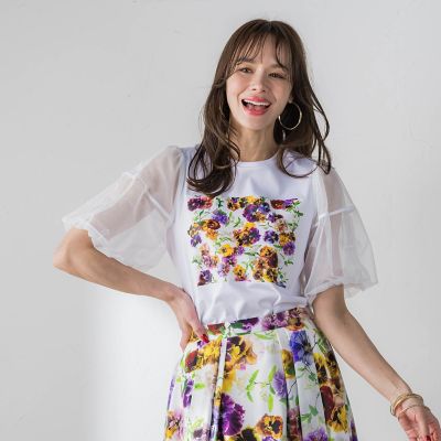 ＜Viaggio Blu (Women)＞【ＫＥＩＴＡ　ＫＡＷＡＳＡＫＩ　×　Ｖｉａｇｇｉｏ　Ｂｌｕコラボ】袖チュールプリントＴシャツ