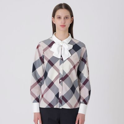 【美品】ブルーレーベルクレストブリッジ　リボンタイ付き　長袖チェックシャツ BLUE LABEL CRESTBRIDGE（ブルーレーベルクレストブリッジ） ブラウス