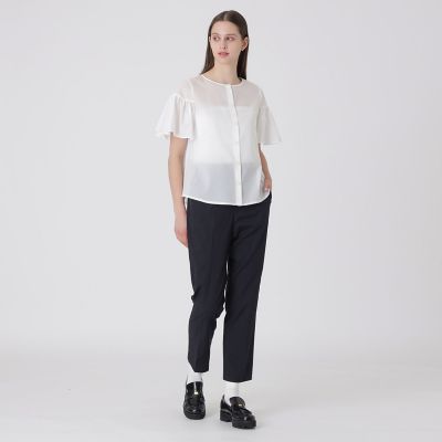 クレストブリッジチェックシアーボイルフリルスリーブブラウス | BLUE