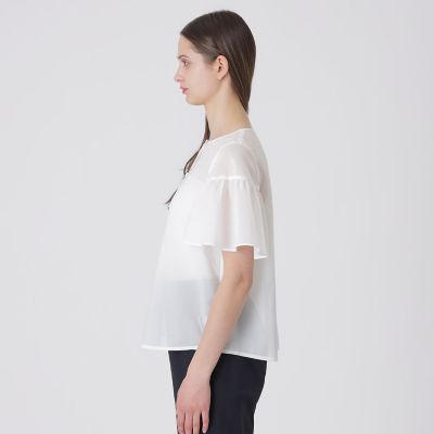 クレストブリッジチェックシアーボイルフリルスリーブブラウス | BLUE