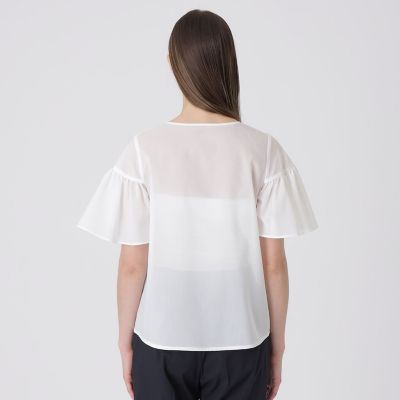 クレストブリッジチェックシアーボイルフリルスリーブブラウス | BLUE