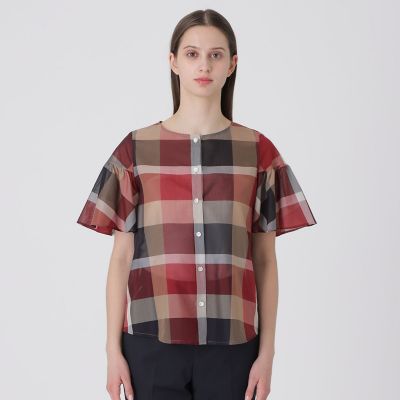 ブルーレーベル フリルクレストブリッジチェック袖カットソー クレストブリッジチェックシアーボイルフリルスリーブブラウス | BLUE
