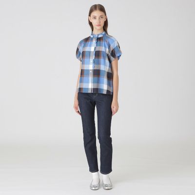 クレストブリッジチェックコットンリネンフリルブラウス | BLUE LABEL