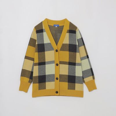 クレストブリッジチェックウーリージャカードカーディガン | BLUE