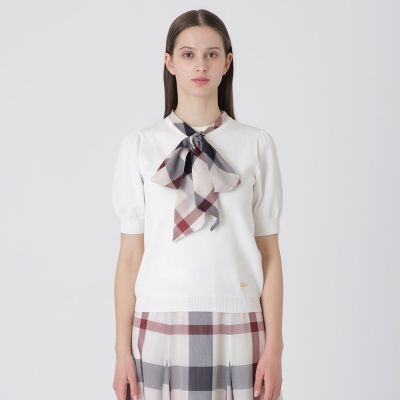 ブルーレーベル、リボン付きホワイトニットセーター 半袖 アセテートコットンニットリボンプルオーバー | BLUE LABEL