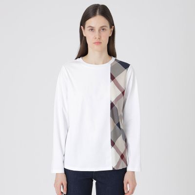 ＜BLUE LABEL CRESTBRIDGE (Women)＞シルケットスムースパーシャルチェックロングスリーブＴシャツ