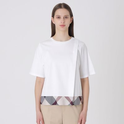 BLUE LABEL CRESTBRIDGE(ブルーレーベルクレストブリッジ) 長袖Tシャツ サイズ38 M レディース - 白×ベージュ×マルチ クルーネック/チェック柄 BLUE LABEL CRESTBRIDGE (Women) / ブルーレーベル・クレストブリッジ