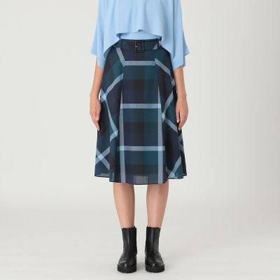 クレストブリッジチェックウールポリエステルフレアスカート | BLUE