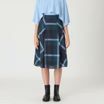 クレストブリッジチェックウールポリエステルフレアスカート | BLUE