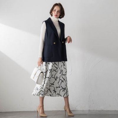 サテンリボンプリントスカート≪セットアップ対応／洗濯機で