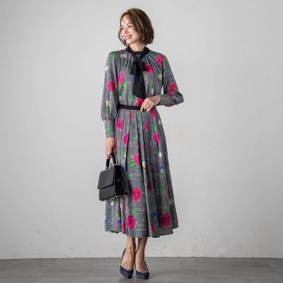 ＜Viaggio Blu (Women)＞グレンチェックフラワースカート≪洗濯機で洗える／セットアップ対応≫