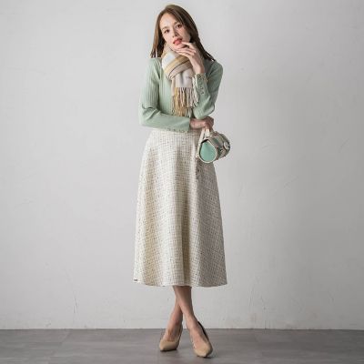 【新品】ビアッジョブルー ツイード ロングフレアスカート プリーツ フリンジ M モノトーンツイードスカート | Viaggio Blu (Women)/ビアッジョブルー