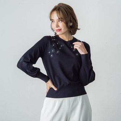 刺繍×ビジューニットプルオーバー≪手洗い可能≫