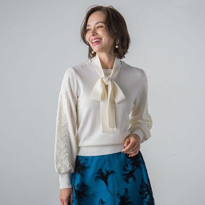 袖レースボウタイ付きニット≪手洗い可能≫