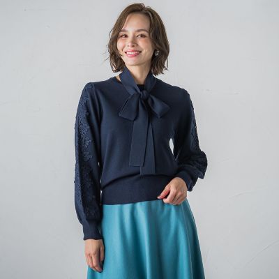 袖レースボウタイ付きニット≪手洗い可能≫