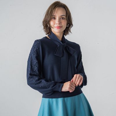 袖レースボウタイ付きニット≪手洗い可能≫