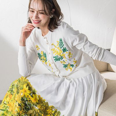 ミモザ刺繍カーディガン≪手洗い可能≫