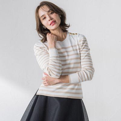ショルダーボタンパフスリーブニット≪手洗い可能≫