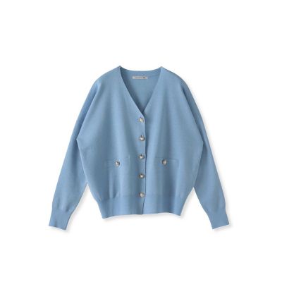 ✧美品【ソージュ】VネックカーディガンM 青　洗える　シェルボタン Tiaclasse カーディガン 「洗える」シェルボタンカーディガン