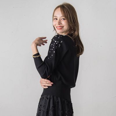 新品★ジャスグリッティー　パールビジュー　ニット　カットソーアプワイザーリッシェ ジャスグリッティー 衿ニットドッキングワンピース アプワイザー