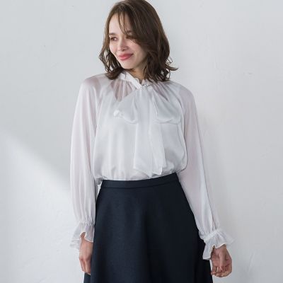 サテン楊柳ボウタイブラウス≪洗濯機で洗える≫