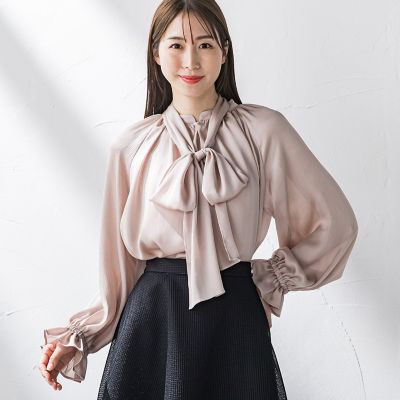 サテン楊柳ボウタイブラウス≪洗濯機で洗える≫